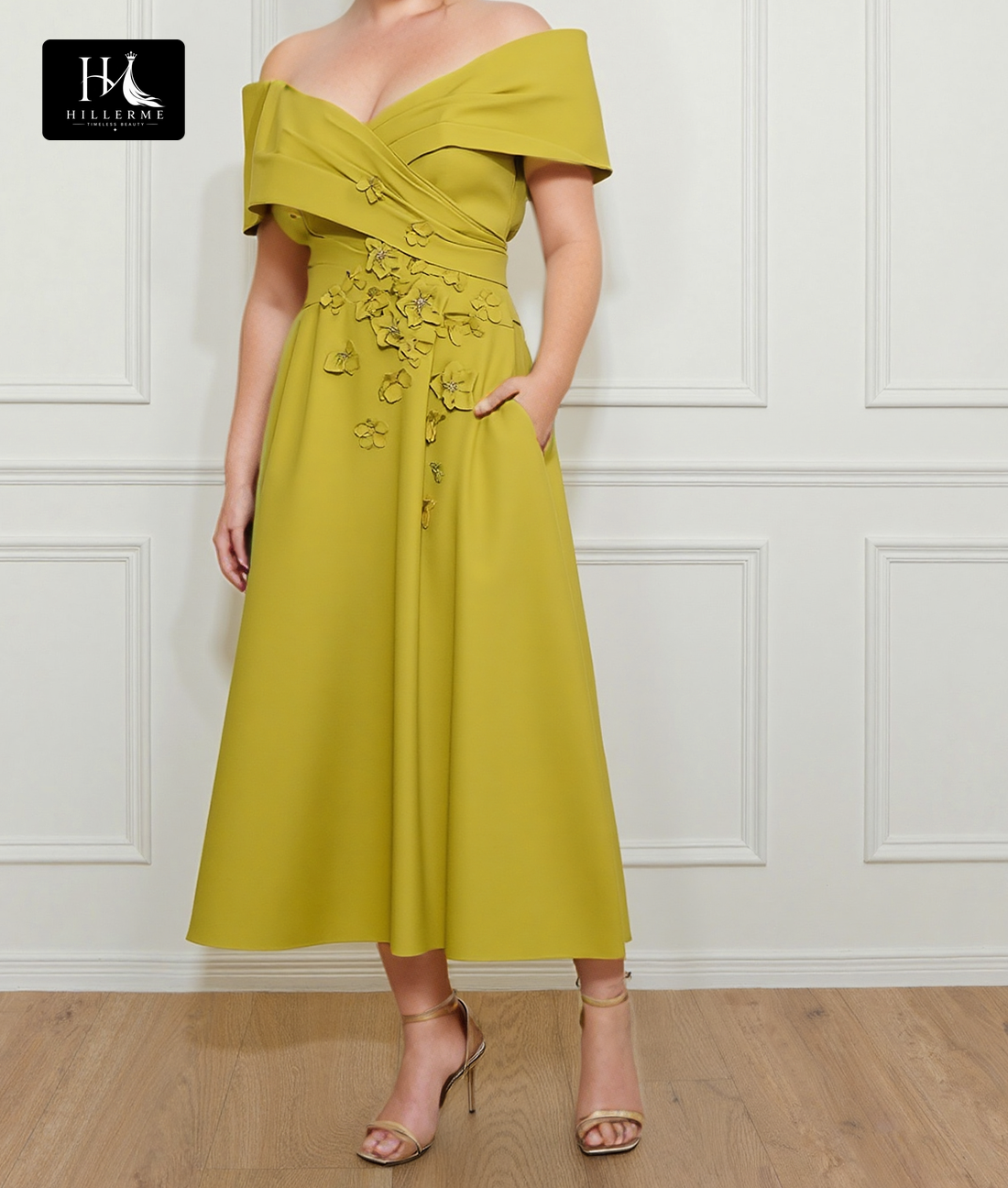 V-Neck Sleeveless Tea-Length Mermaid Mother of the Bride Dress with Floral Embellishments