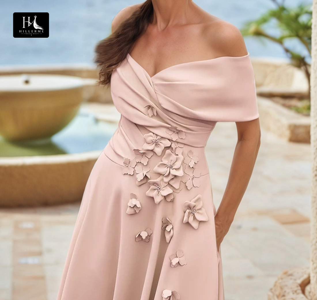 V-Neck Sleeveless Tea-Length Mermaid Mother of the Bride Dress with Floral Embellishments