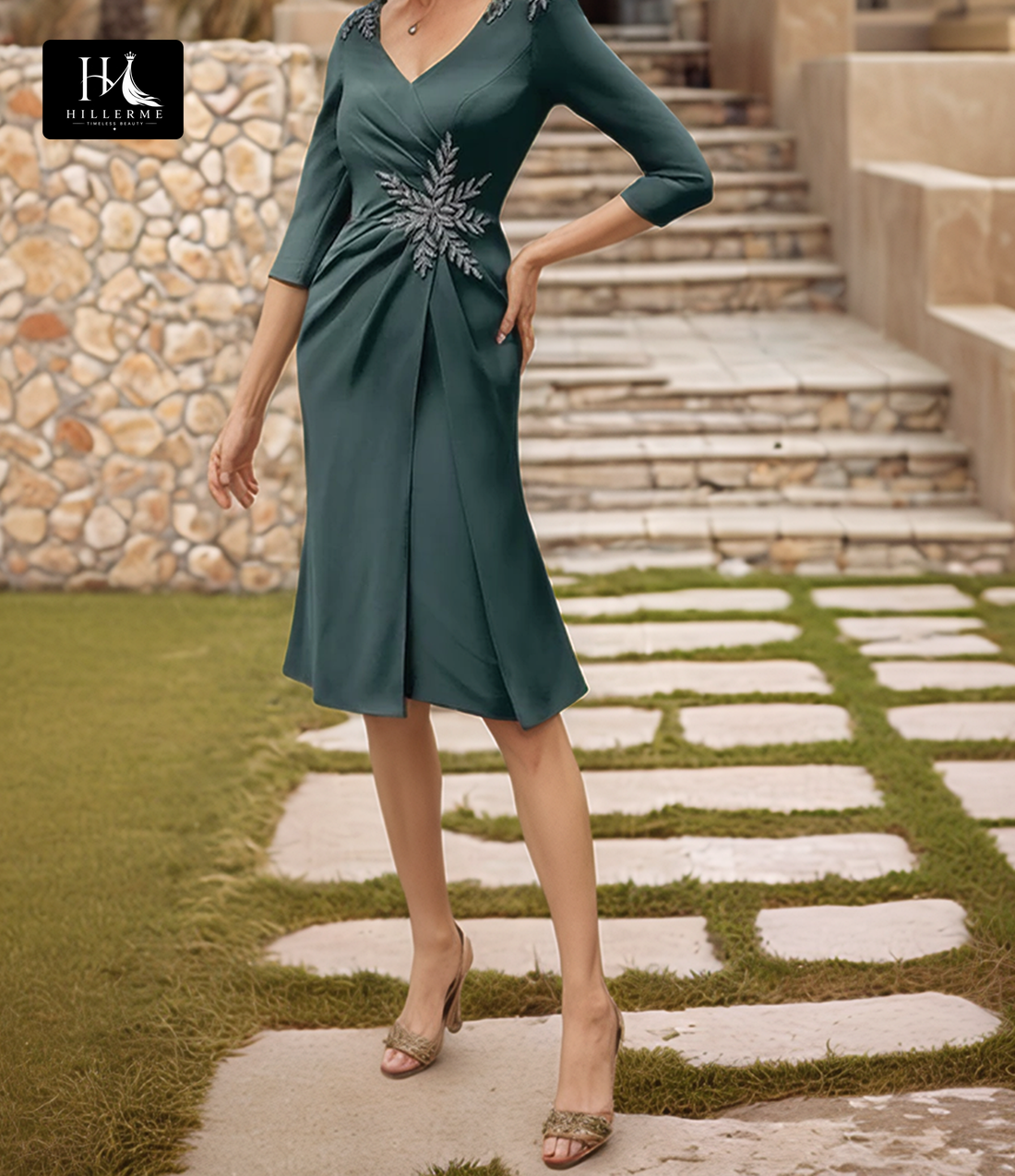 V-Neck Beaded Half-Sleeve Mermaid Dress with Pleated Satin for Mother of the Bride