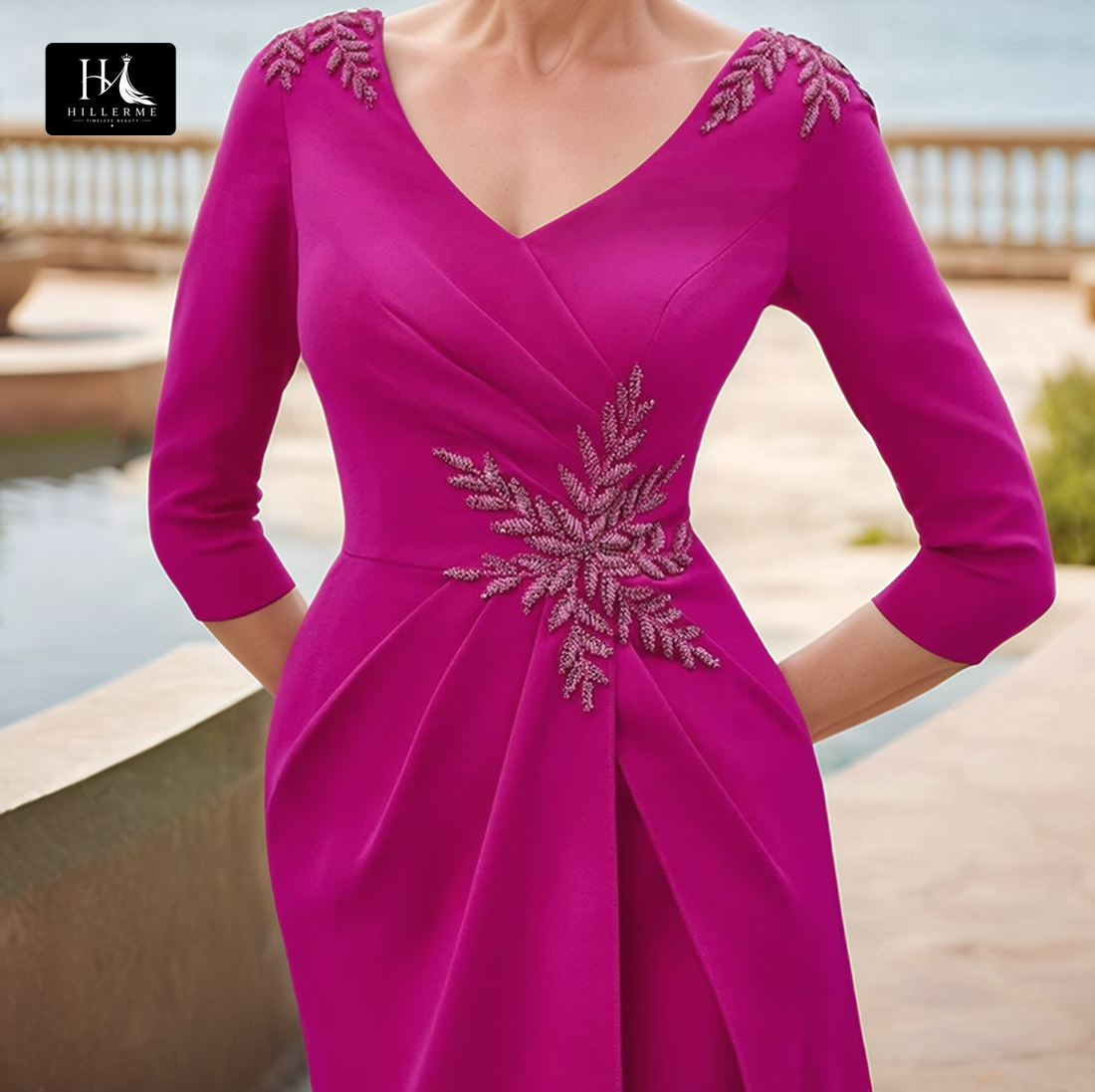V-Neck Beaded Half-Sleeve Mermaid Dress with Pleated Satin for Mother of the Bride