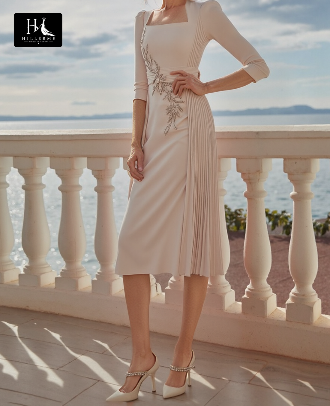 Square-Neck Fitted Mother of the Bride Dress with Beaded Pleats and Half-Sleeves