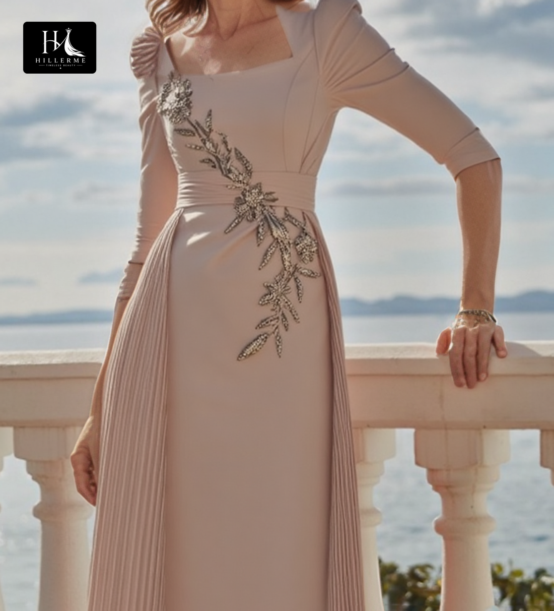 Square-Neck Fitted Mother of the Bride Dress with Beaded Pleats and Half-Sleeves
