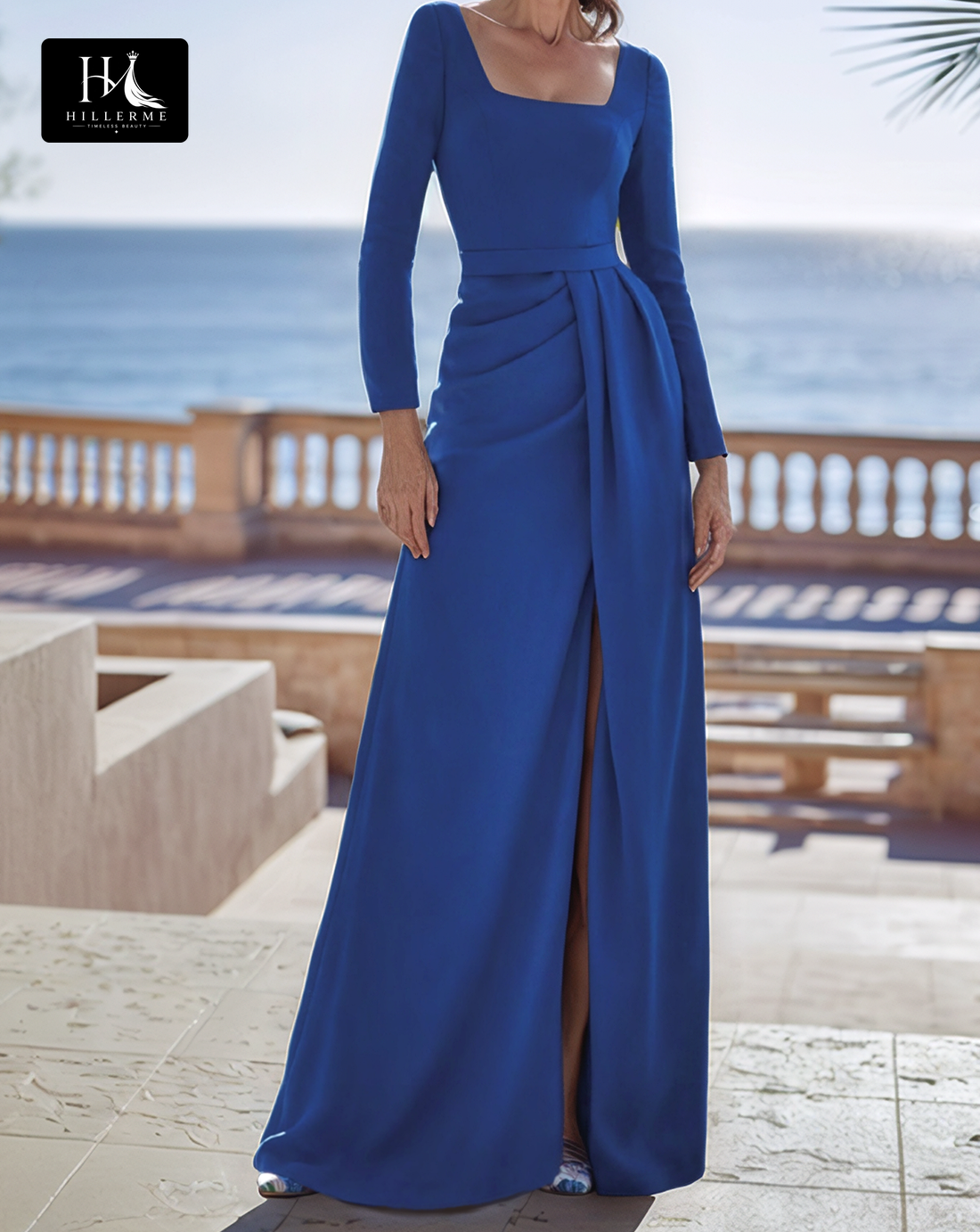 Simple Square-Neck Floor-Length Satin Cocktail Gown with Long Sleeves and Pleated Detailing for Mother of the Bride