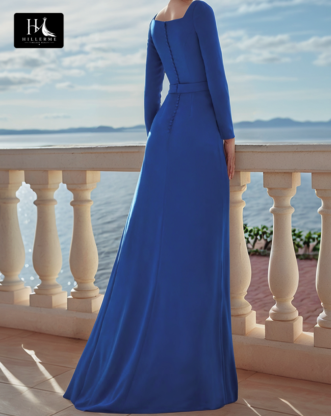 Simple Square-Neck Floor-Length Satin Cocktail Gown with Long Sleeves and Pleated Detailing for Mother of the Bride