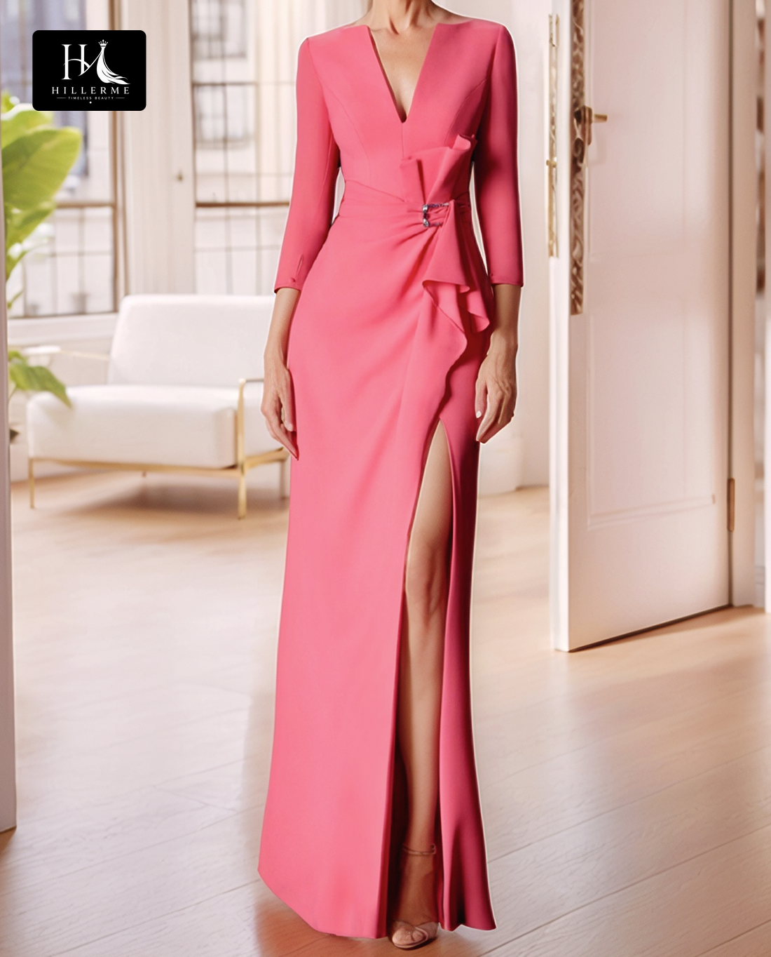 V-Neck 3/4 Sleeves Floor-Length Mermaid Cocktail Gown with Pleated Satin for Mother of the Bride