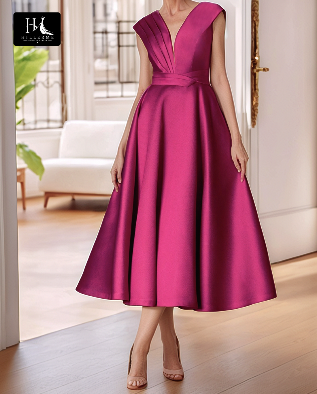 Tea-Length A-Line Satin Mother of the Bride Dress with Deep V-Neck and Pleated Ruching
