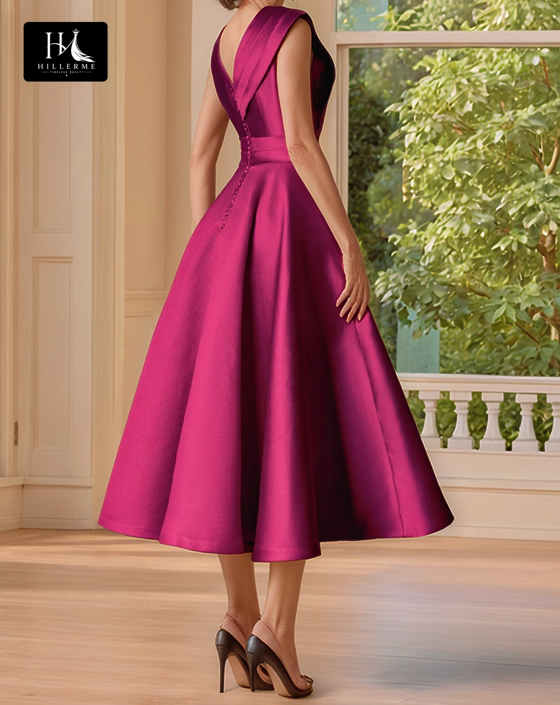 Tea-Length A-Line Satin Mother of the Bride Dress with Deep V-Neck and Pleated Ruching