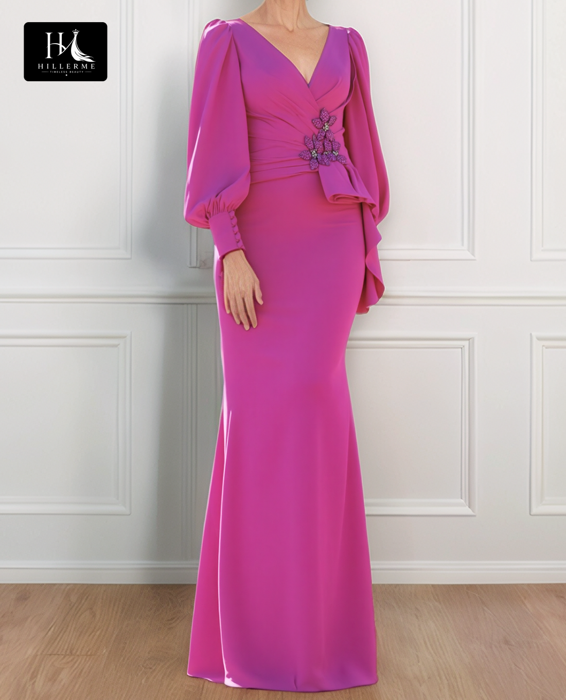 V-Neck Long-Sleeve Chiffon Cocktail Dress with Beaded Pleats for Mother of the Bride