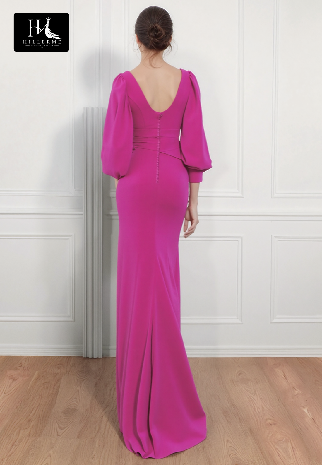 V-Neck Long-Sleeve Chiffon Cocktail Dress with Beaded Pleats for Mother of the Bride