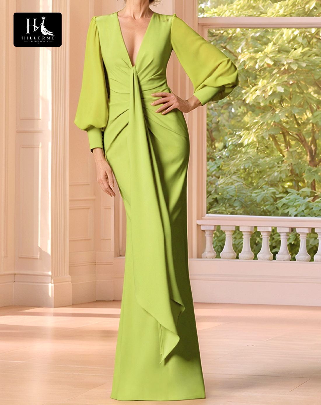 Floor-Length Mermaid Chiffon Cocktail Dress with Deep V-Neck and Long Sleeves for Mother of the Bride
