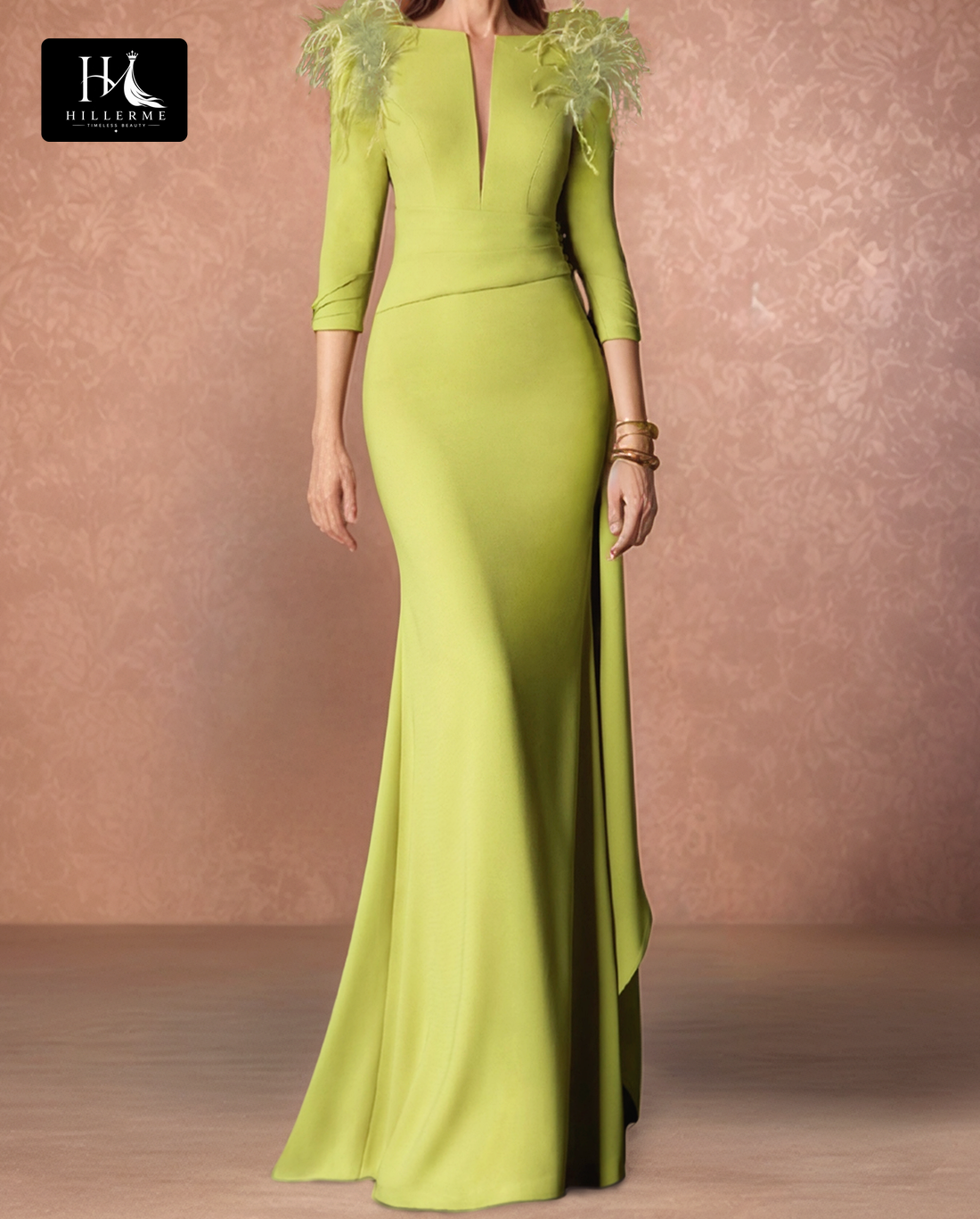 Floor-Length Mermaid Mother of the Bride Dress with Plunging V-Neck and 3/4 Sleeves