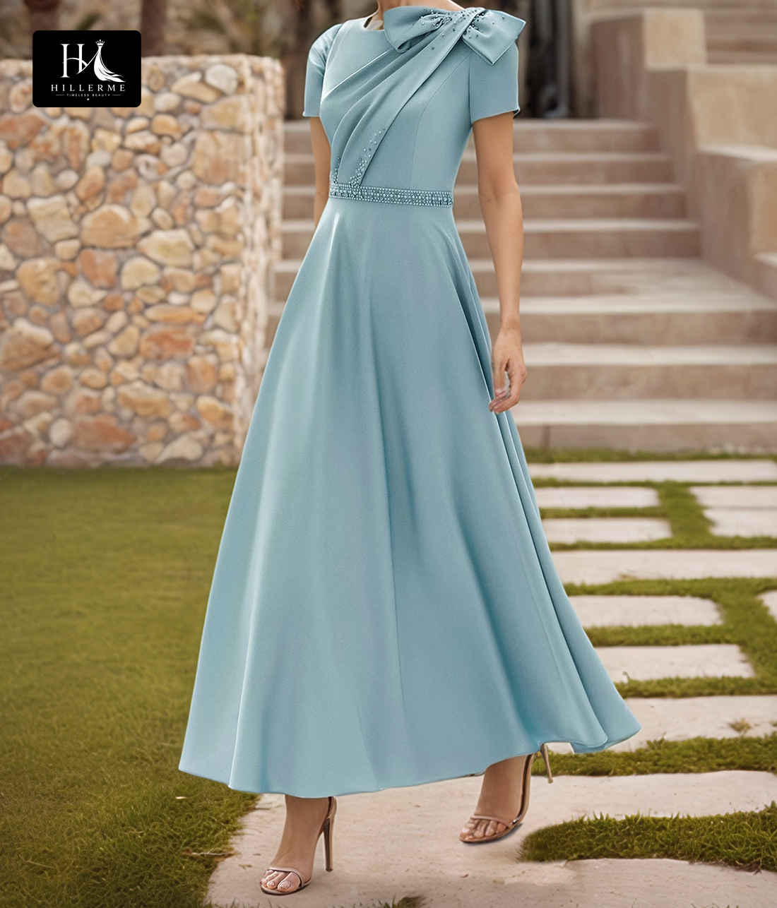 Strapless Scoop-Neck A-Line Cocktail Gown with Beaded Pleats for Mother of the Bride