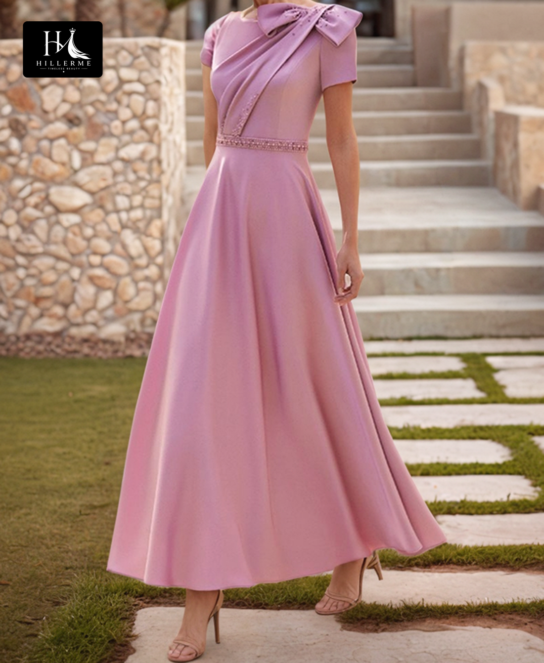 Strapless Scoop-Neck A-Line Cocktail Gown with Beaded Pleats for Mother of the Bride