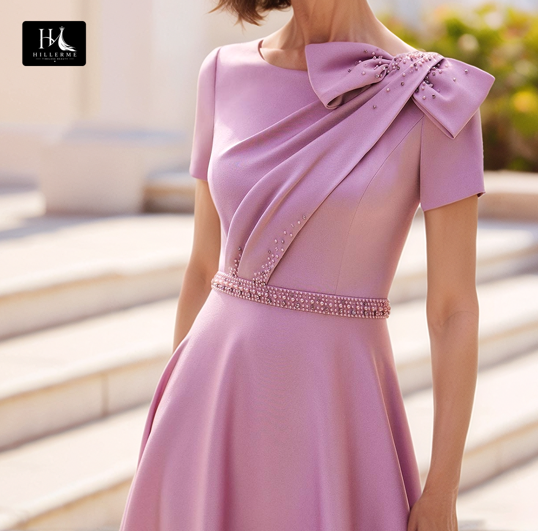 Strapless Scoop-Neck A-Line Cocktail Gown with Beaded Pleats for Mother of the Bride