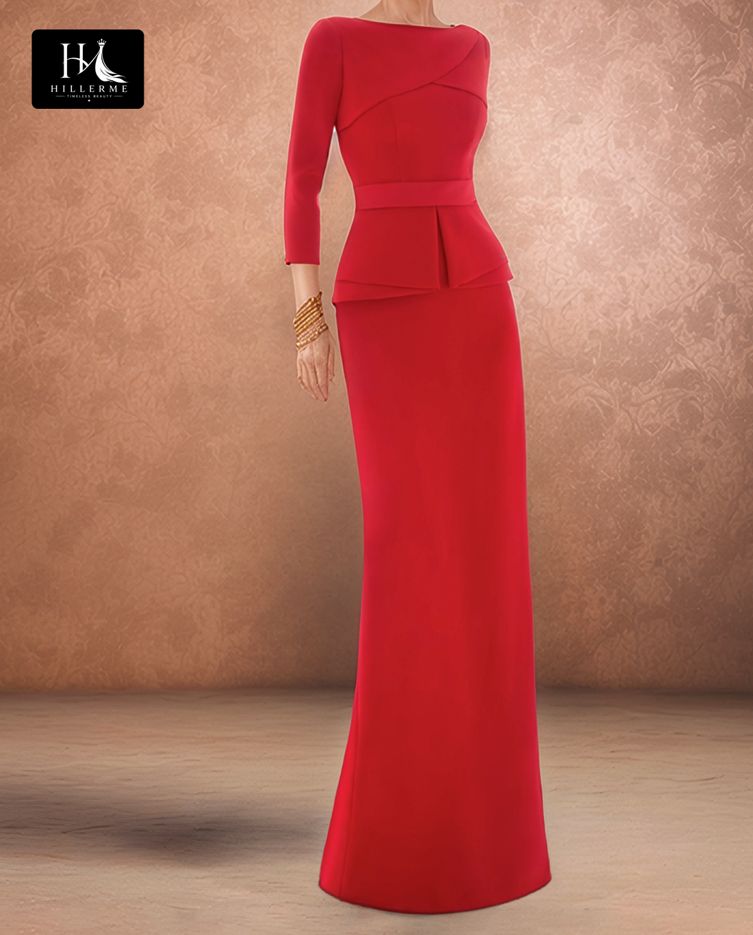 Floor-Length Mermaid Satin Cocktail Gown with Long Sleeves and Scoop Neck for Mother of the Bride