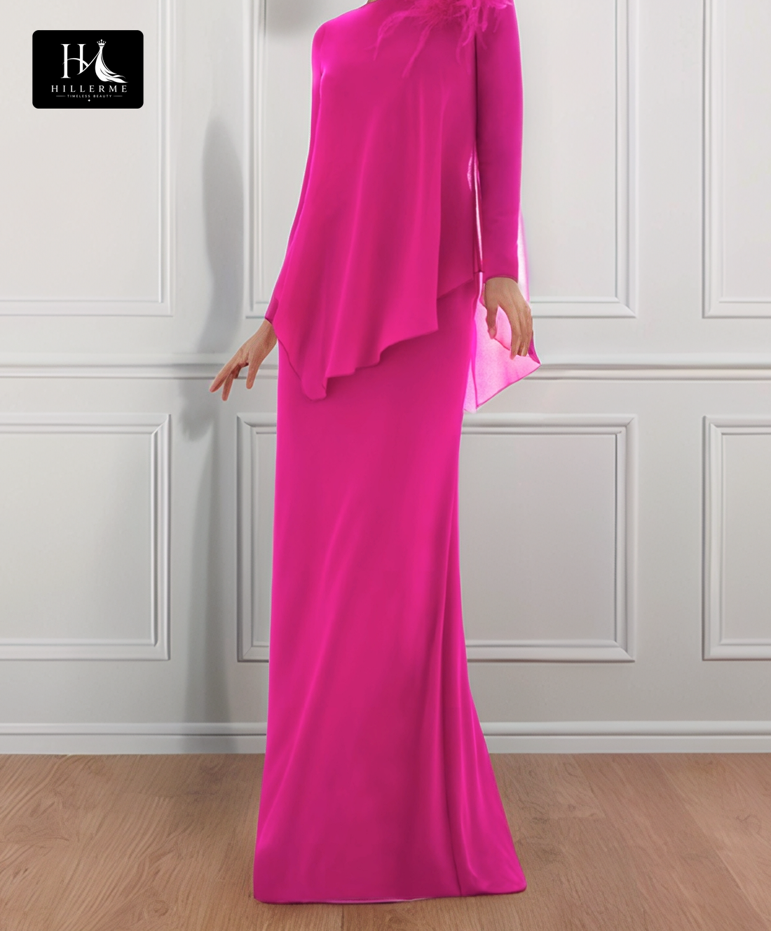Strapless Scoop-Neck Long-Sleeve Floor-Length Chiffon Cocktail Gown for Mother of the Bride