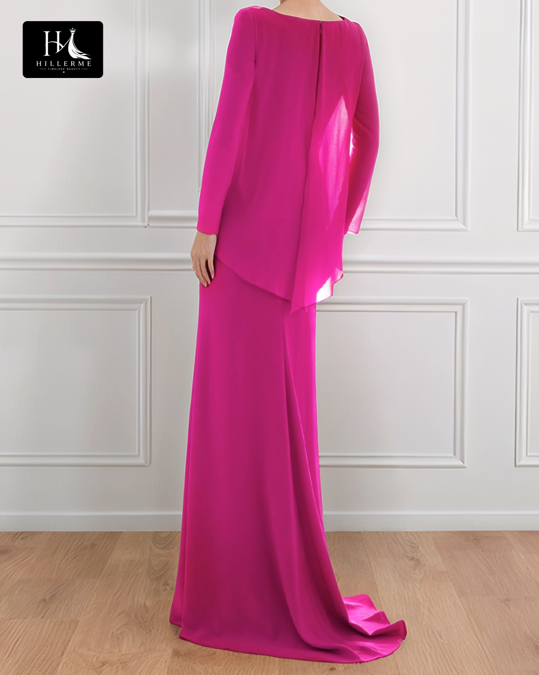 Strapless Scoop-Neck Long-Sleeve Floor-Length Chiffon Cocktail Gown for Mother of the Bride