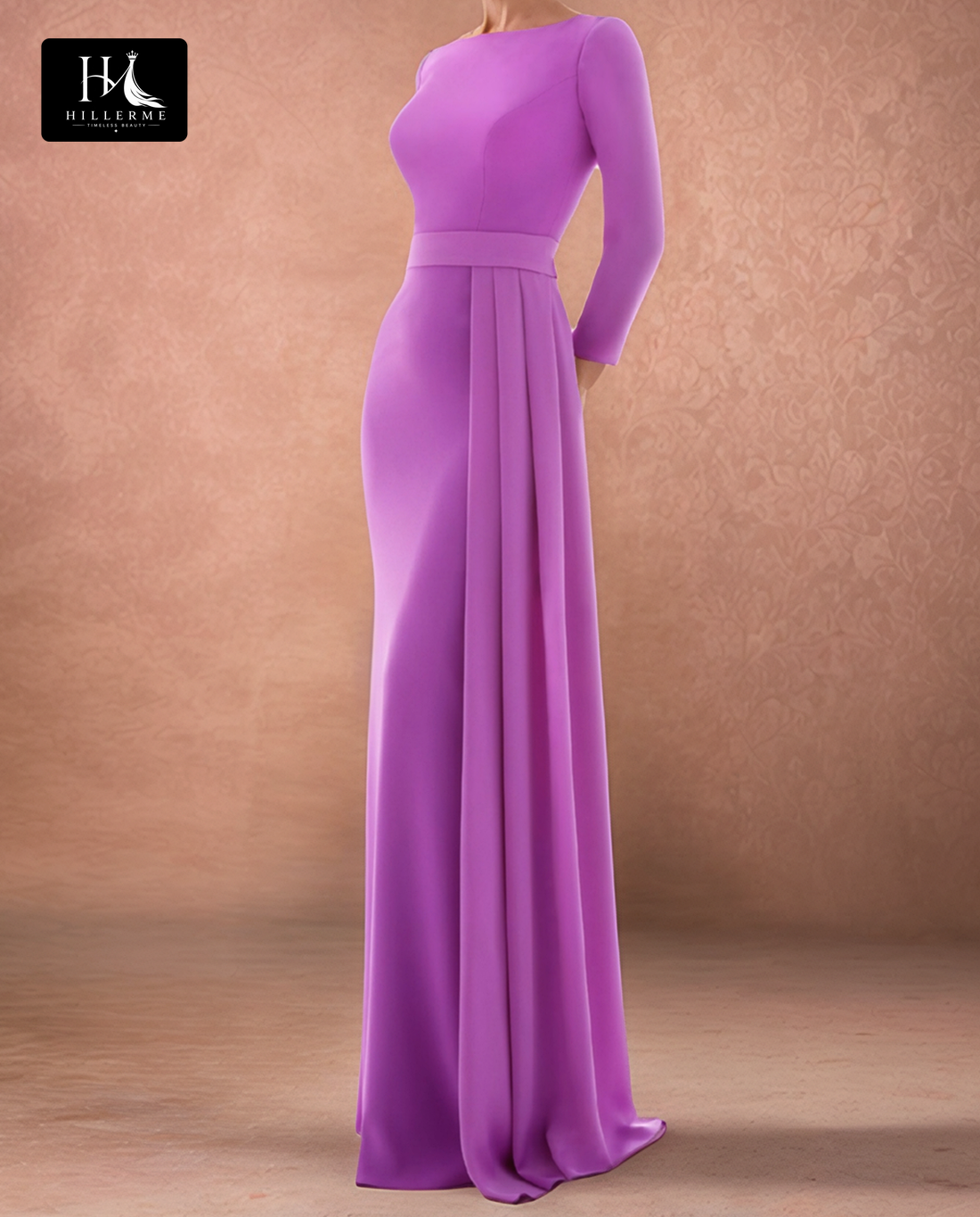 Satin Mermaid Mother of the Bride Dress with Scoop Neck and Long Sleeves
