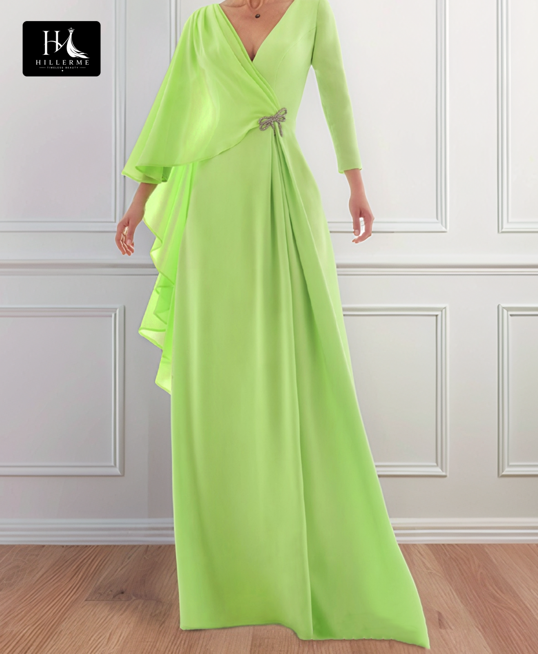 Floor-Length V-Neck Long-Sleeve Fitted Mother of the Bride Gown in Pleated Chiffon