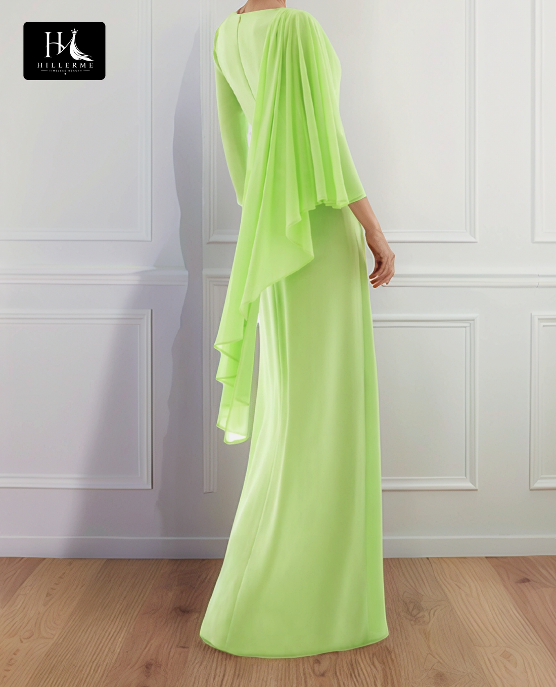 Floor-Length V-Neck Long-Sleeve Fitted Mother of the Bride Gown in Pleated Chiffon