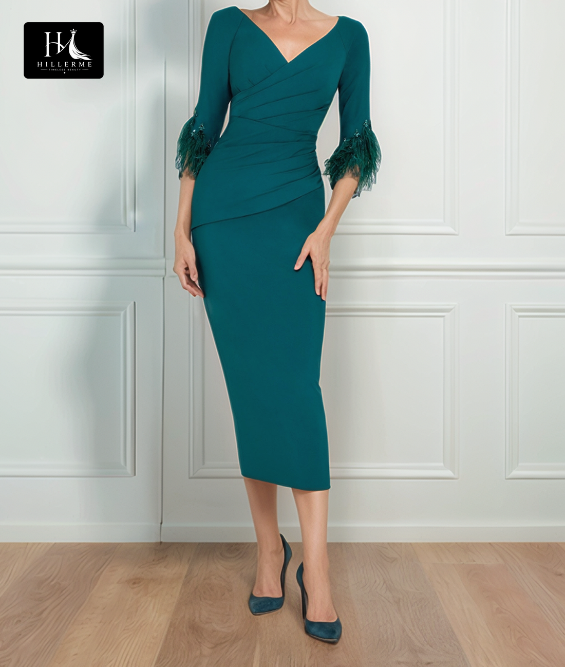 Satin Midi Cocktail Gowns with Half-Sleeves, V-Neck, and Mermaid Pleated Silhouette for Mother of the Bride