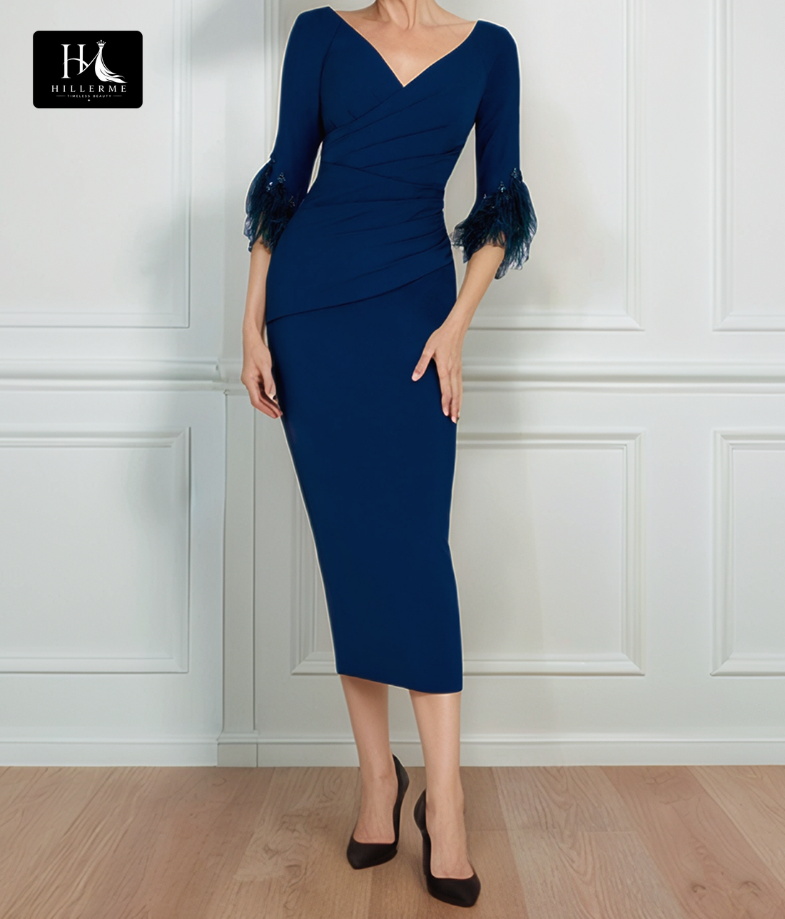 Satin Midi Cocktail Gowns with Half-Sleeves, V-Neck, and Mermaid Pleated Silhouette for Mother of the Bride