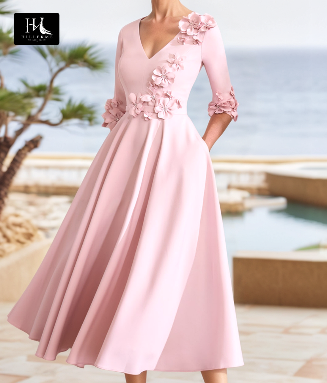 V-Neck Half-Sleeve A-Line Midi Cocktail Dress with Floral Embellishments for Mother of the Bride