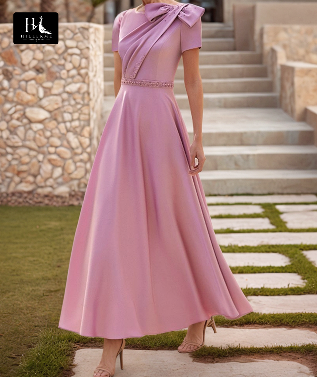 Satin A-Line Mother of the Bride Dress with Beaded Pleats and Scoop Neck