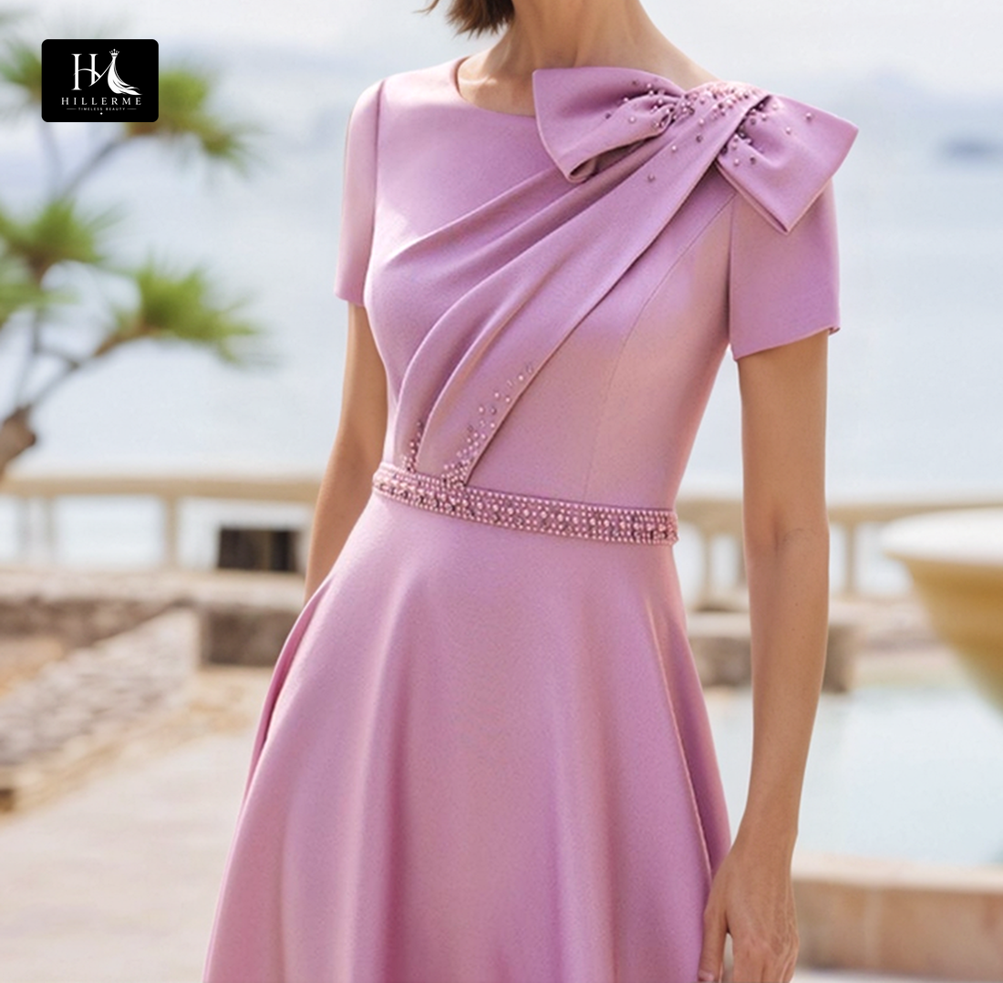 Satin A-Line Mother of the Bride Dress with Beaded Pleats and Scoop Neck