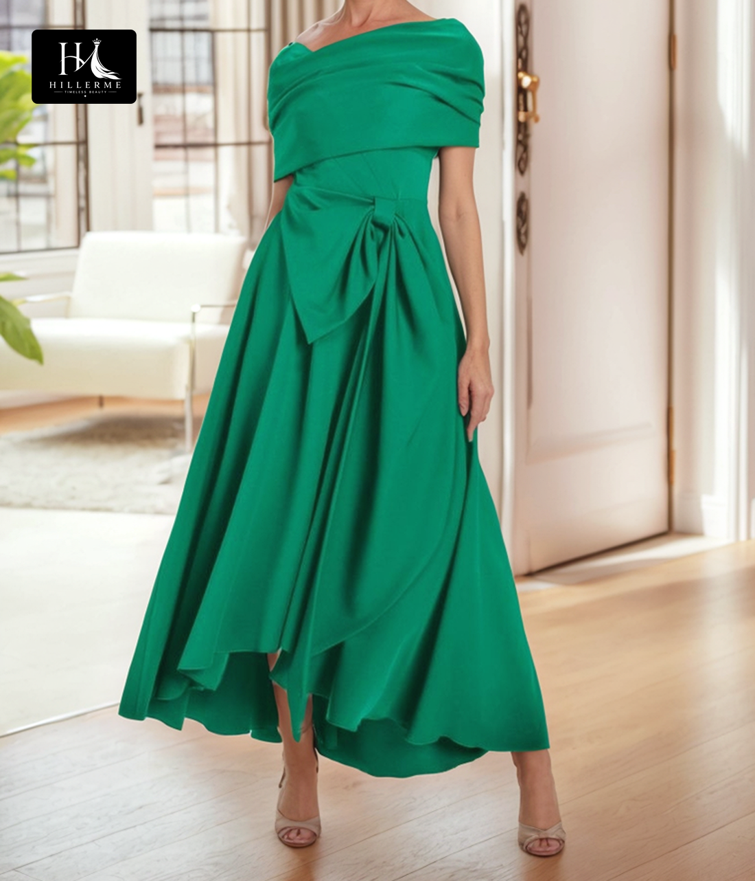 V-Neck Cap Sleeves Pleated Satin Cocktail Gown with Bow for Mother of the Bride