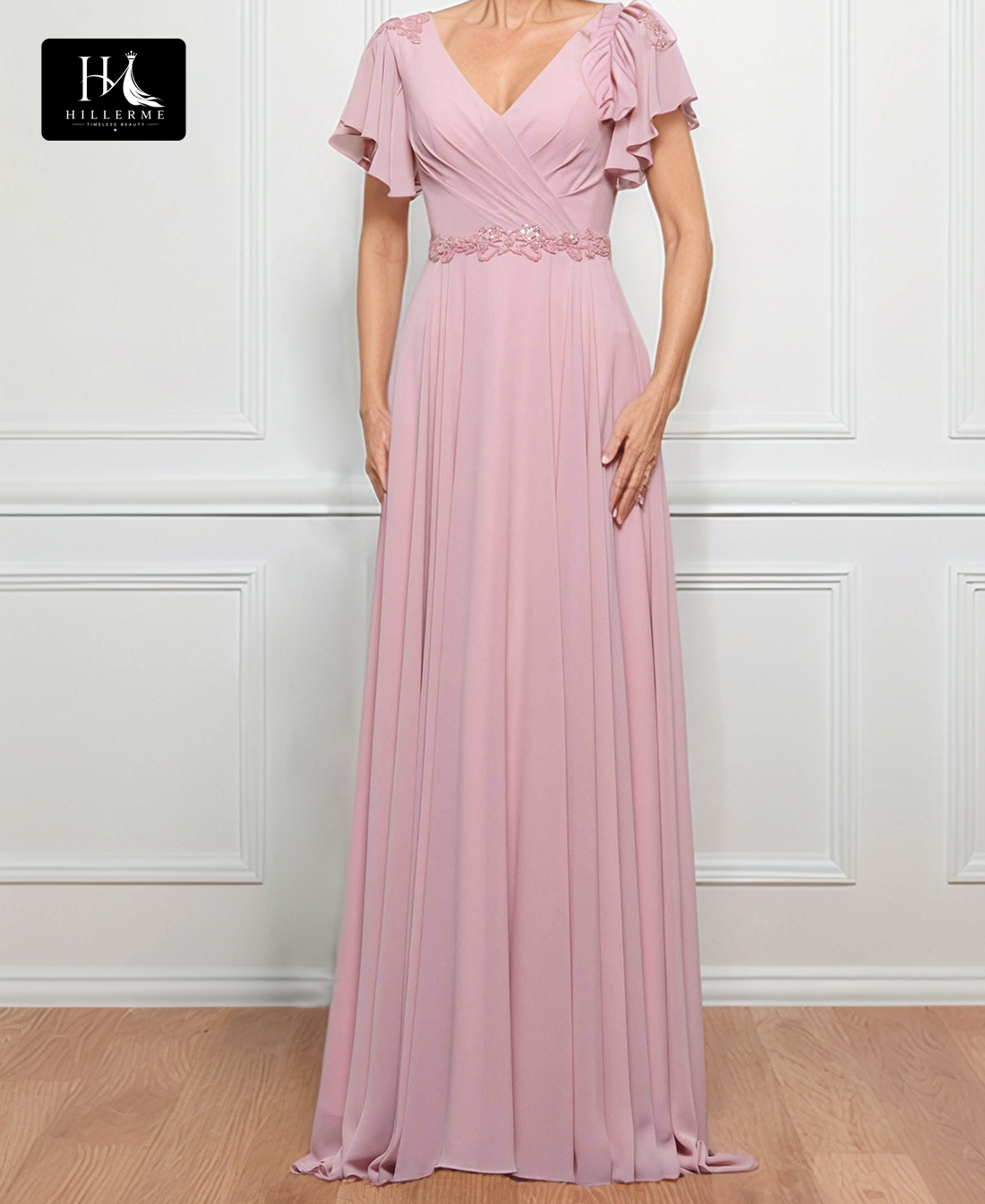 Sheer V-Neck Cap-Sleeve A-Line Mother of the Bride Gown with Beaded Pleated Chiffon