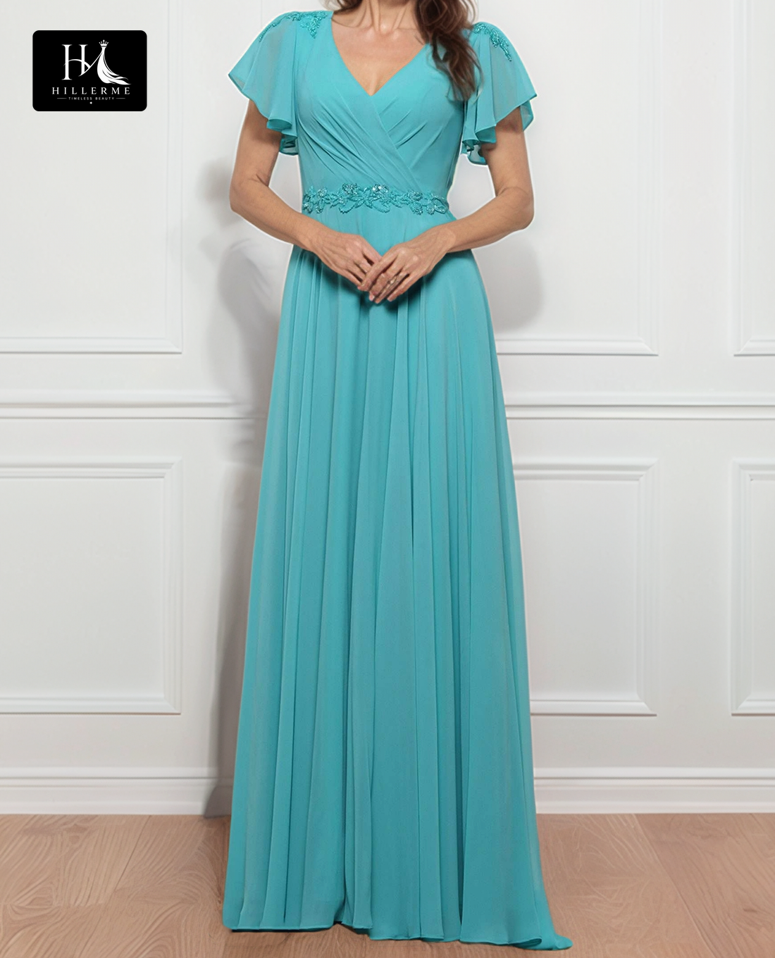 Sheer V-Neck Cap-Sleeve A-Line Mother of the Bride Gown with Beaded Pleated Chiffon