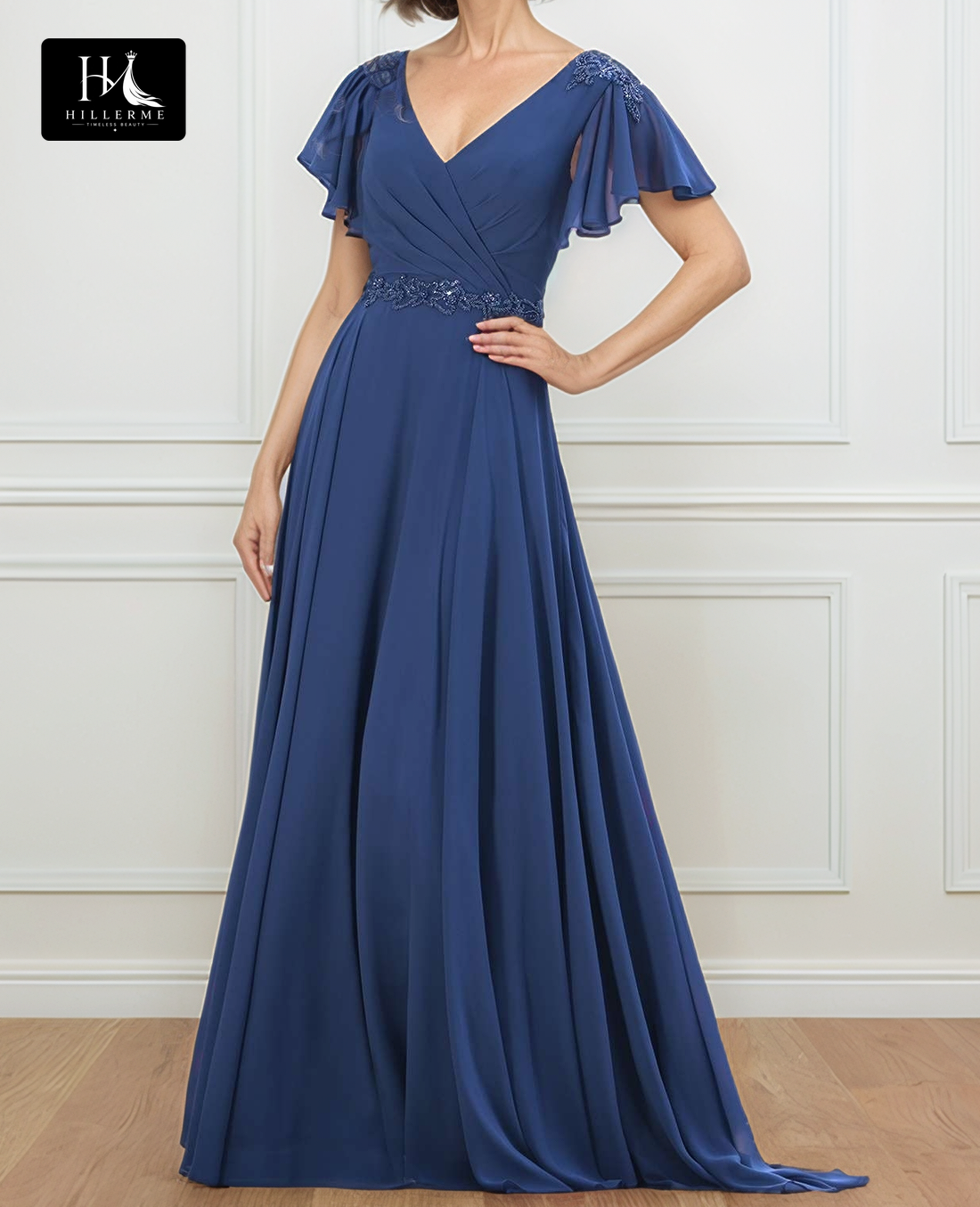 Sheer V-Neck Cap-Sleeve A-Line Mother of the Bride Gown with Beaded Pleated Chiffon