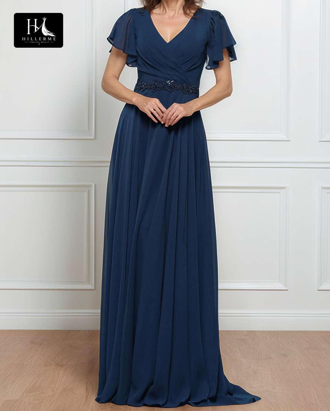 Sheer V-Neck Cap-Sleeve A-Line Mother of the Bride Gown with Beaded Pleated Chiffon