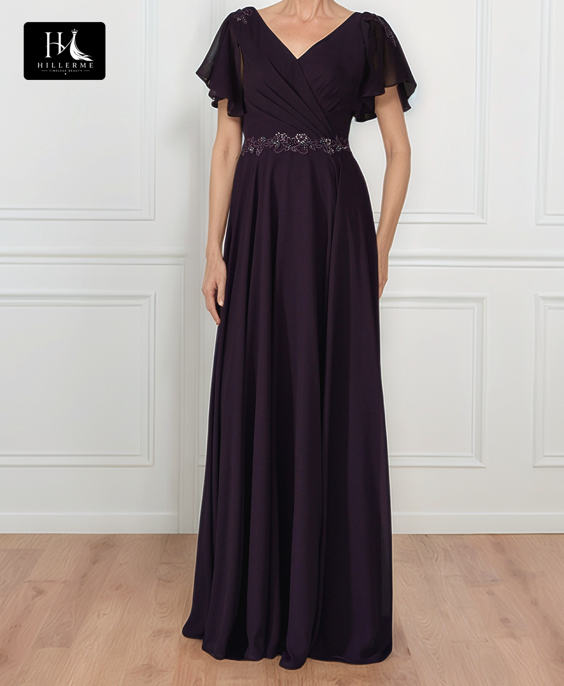 Sheer V-Neck Cap-Sleeve A-Line Mother of the Bride Gown with Beaded Pleated Chiffon