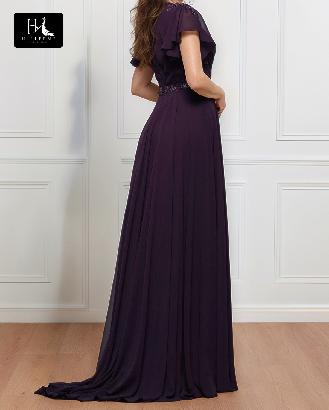Sheer V-Neck Cap-Sleeve A-Line Mother of the Bride Gown with Beaded Pleated Chiffon