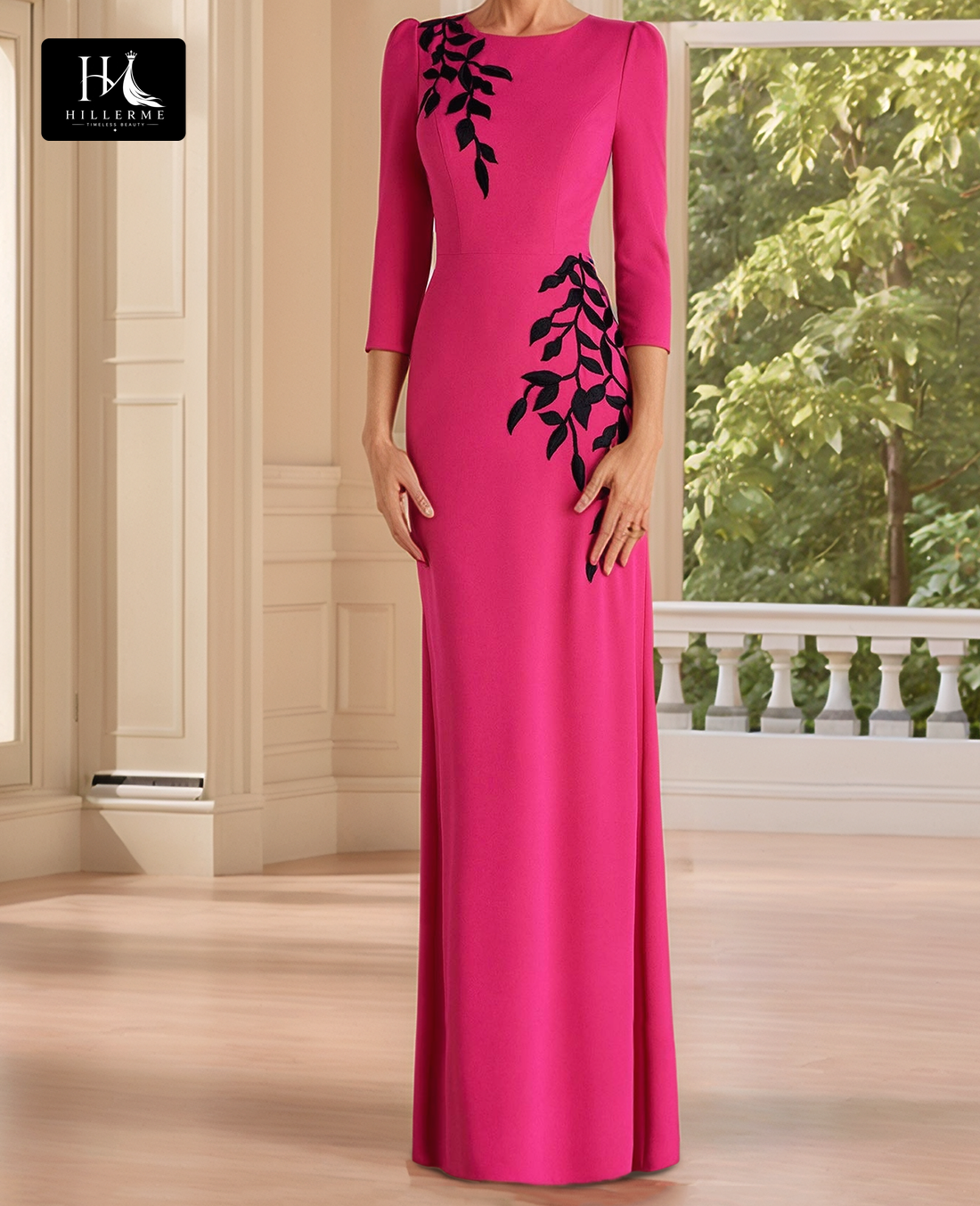 Strapless Scoop-Neck 3/4 Sleeve Mermaid Gown with Foliage Applique for Mother of the Bride