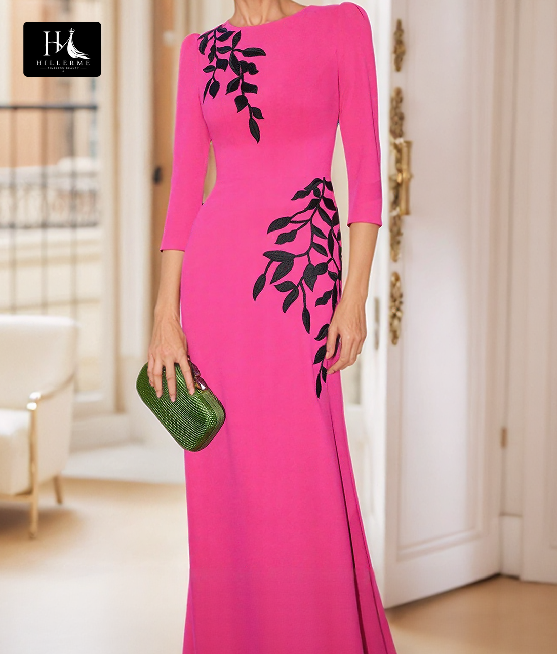 Strapless Scoop-Neck 3/4 Sleeve Mermaid Gown with Foliage Applique for Mother of the Bride