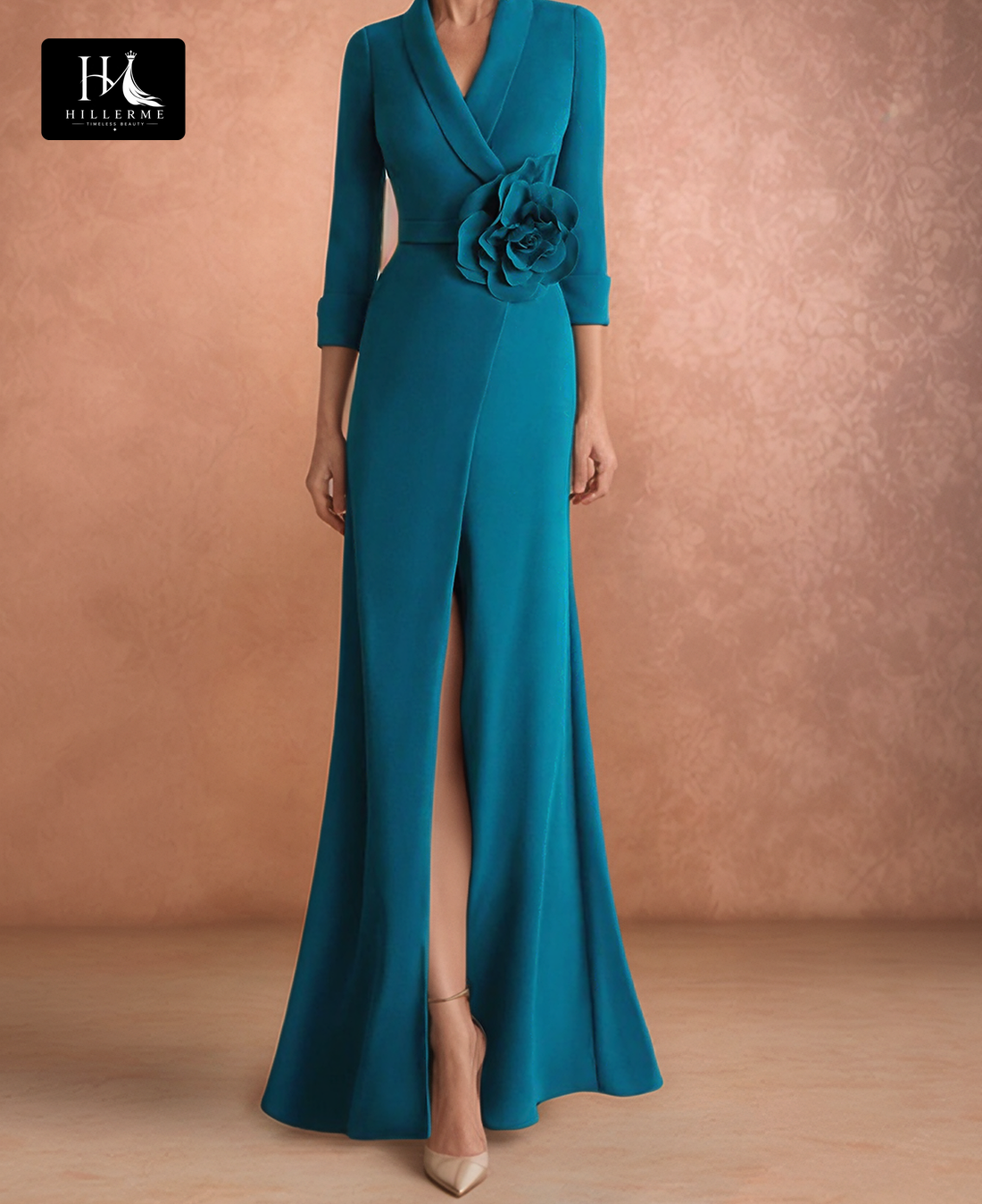 Floral-Embellished V-Neck Mermaid Cocktail Gowns with Long Sleeves for Mother of the Bride