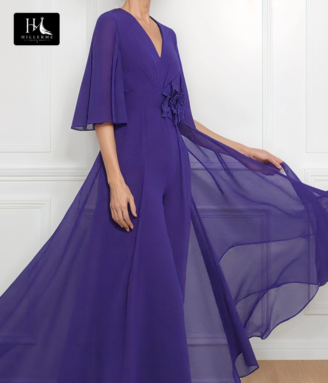 V-Neck Half-Sleeve A-Line Mother of the Bride Gown with Pleated Tulle and Sweep Train