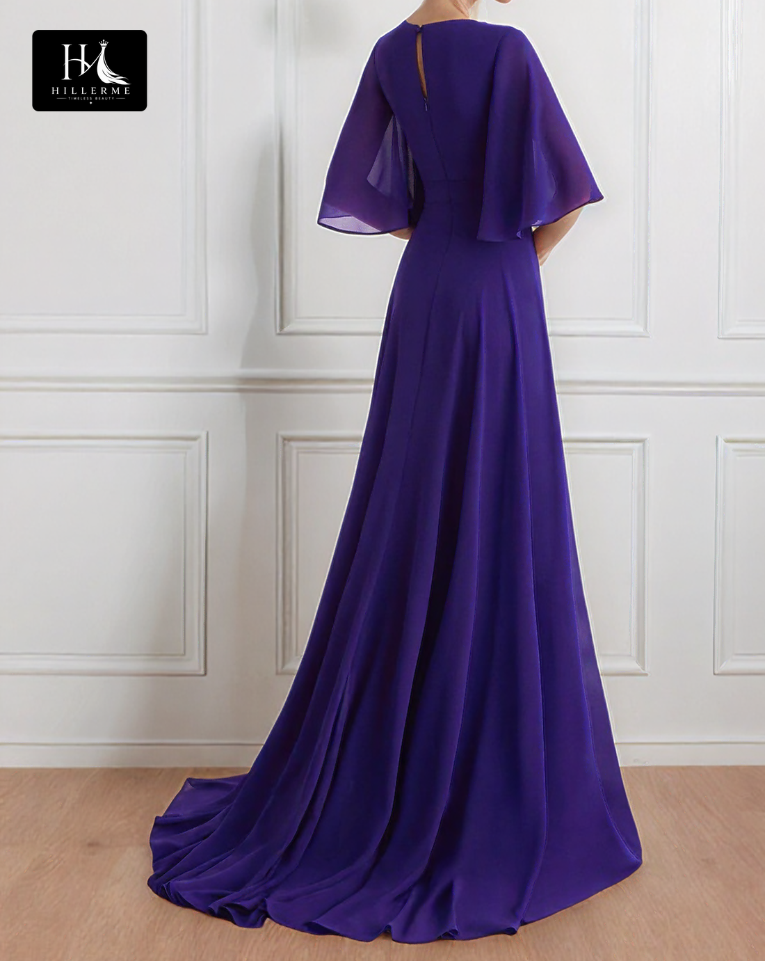 V-Neck Half-Sleeve A-Line Mother of the Bride Gown with Pleated Tulle and Sweep Train