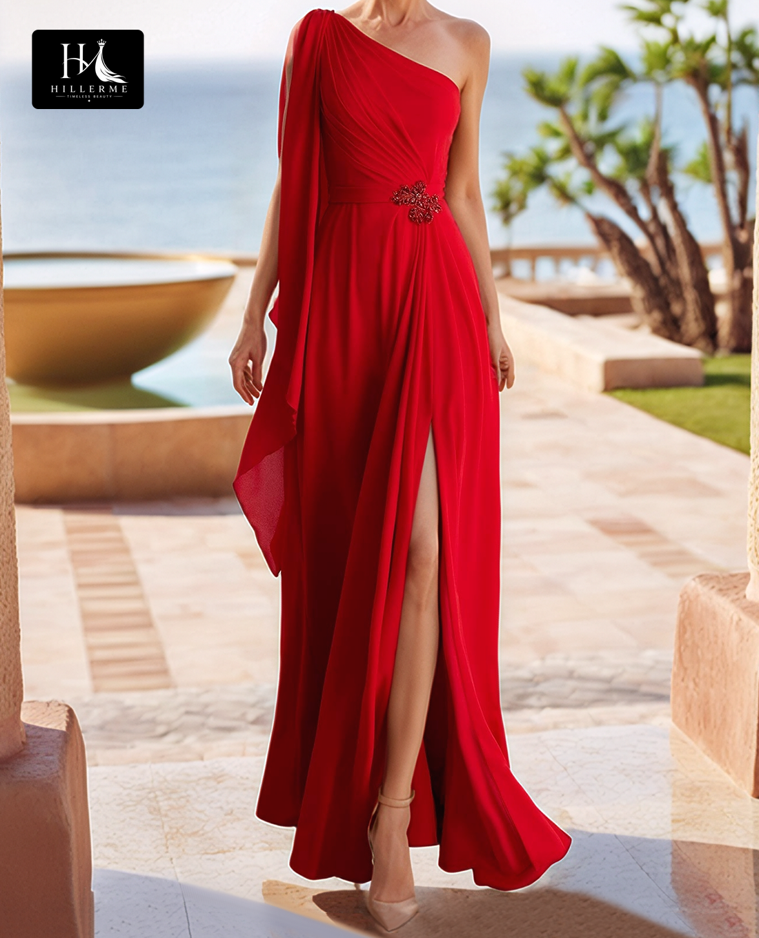 Asymmetrical-Neck Sleeveless Fitted Mother of the Bride Gown with Beaded Pleats and Floor-Length Silhouette