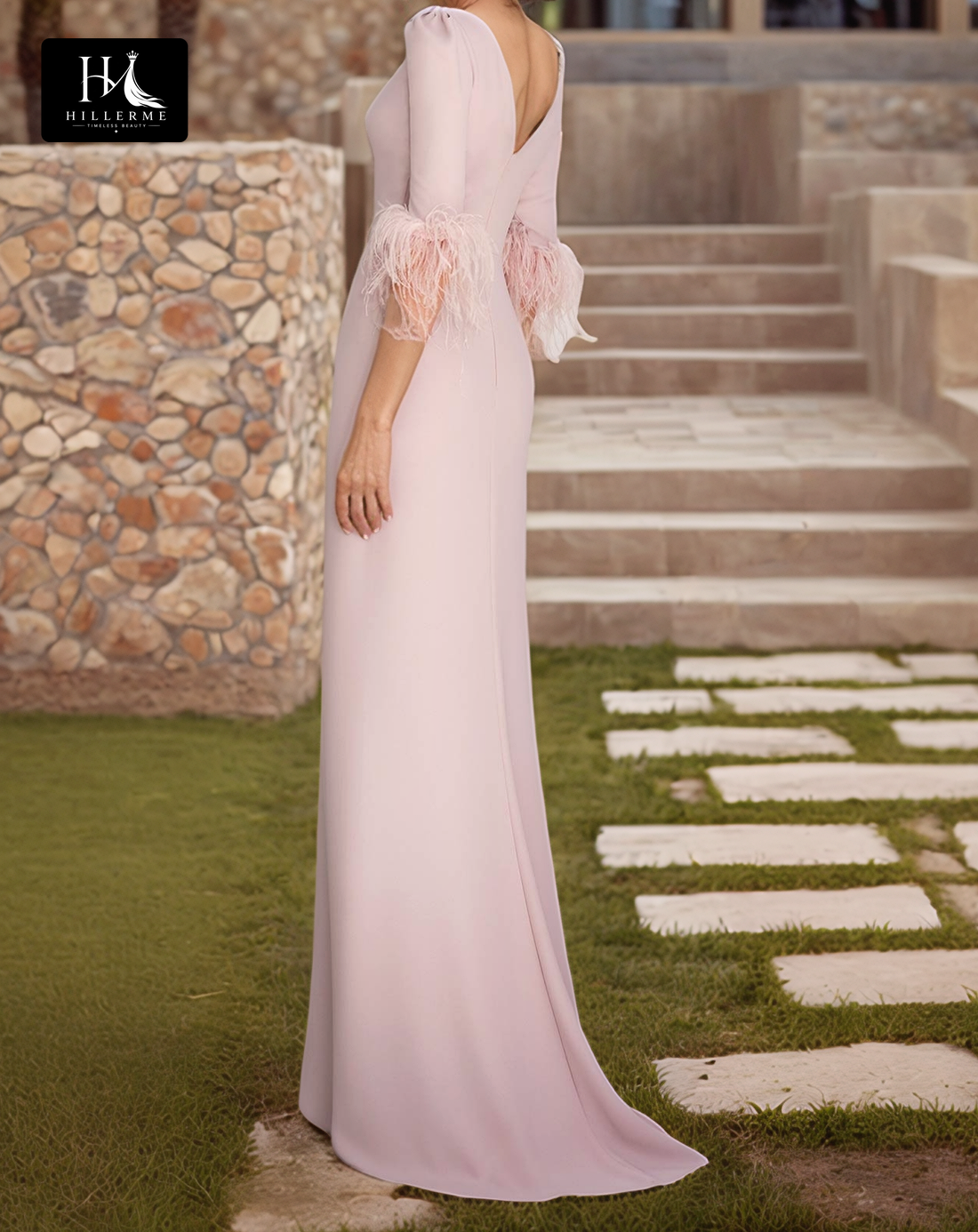 Feathered Half-Sleeve Pleated Cocktail Dress with Scoop Neck and Floor-Length Fit for Mother of the Bride