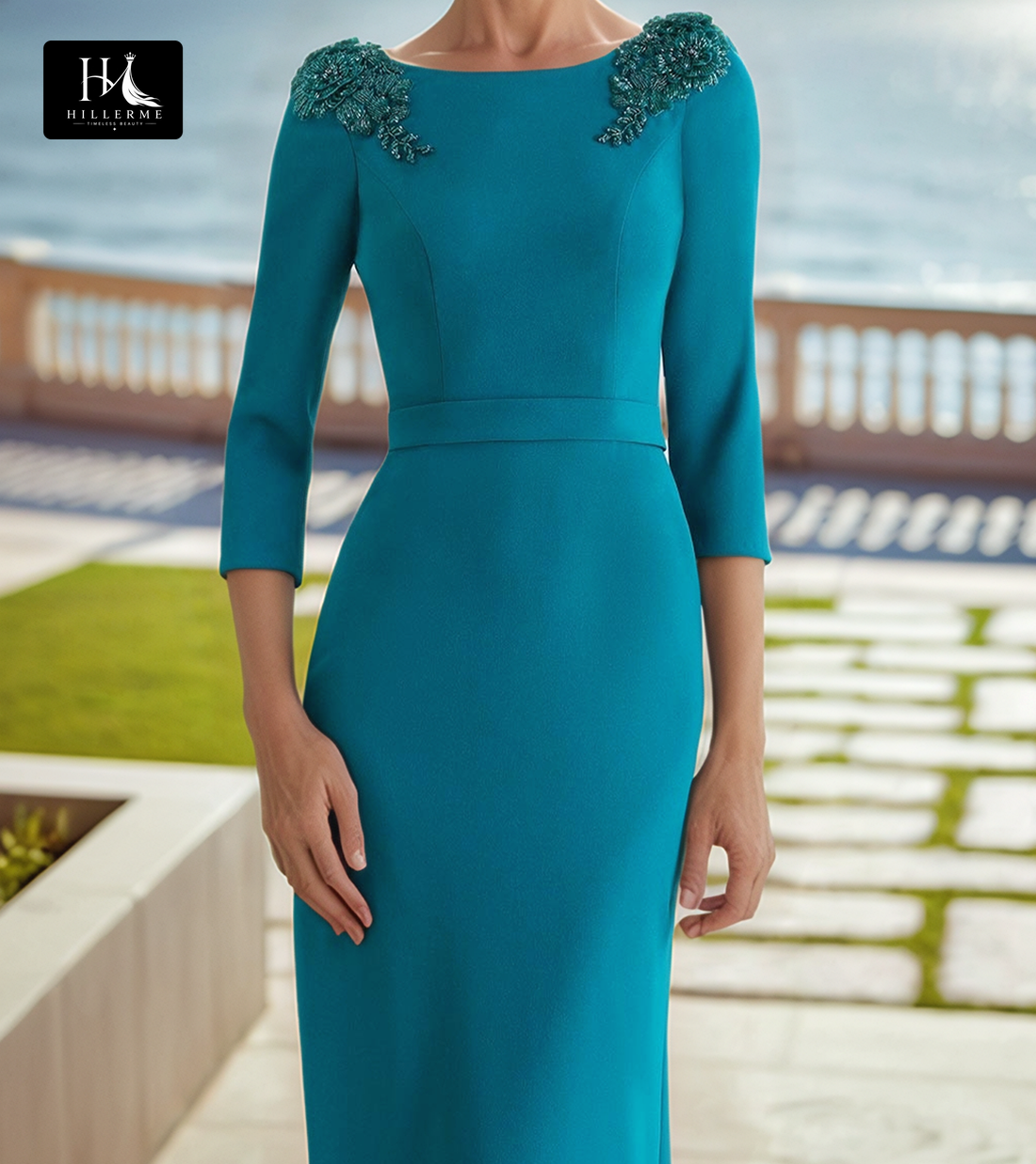 Scoop-Neck Mermaid Midi Cocktail Dress with 3/4 Sleeves and Beaded Satin for Mother of the Bride