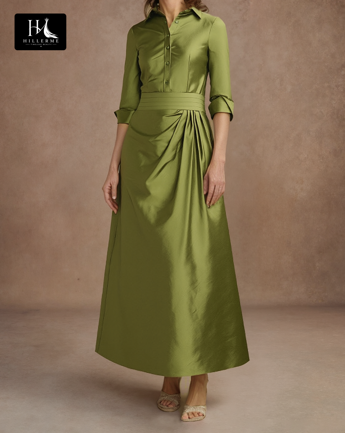 Pleated Satin A-Line Gown with Long Sleeves for Mother of the Bride