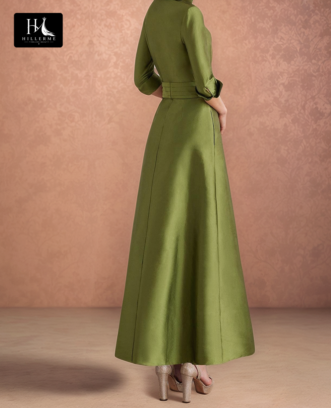 Pleated Satin A-Line Gown with Long Sleeves for Mother of the Bride