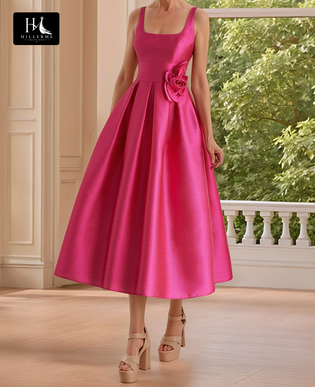 Square-Neck Off-Shoulder Midi A-Line Cocktail Gown with Pleats for Mother of the Bride