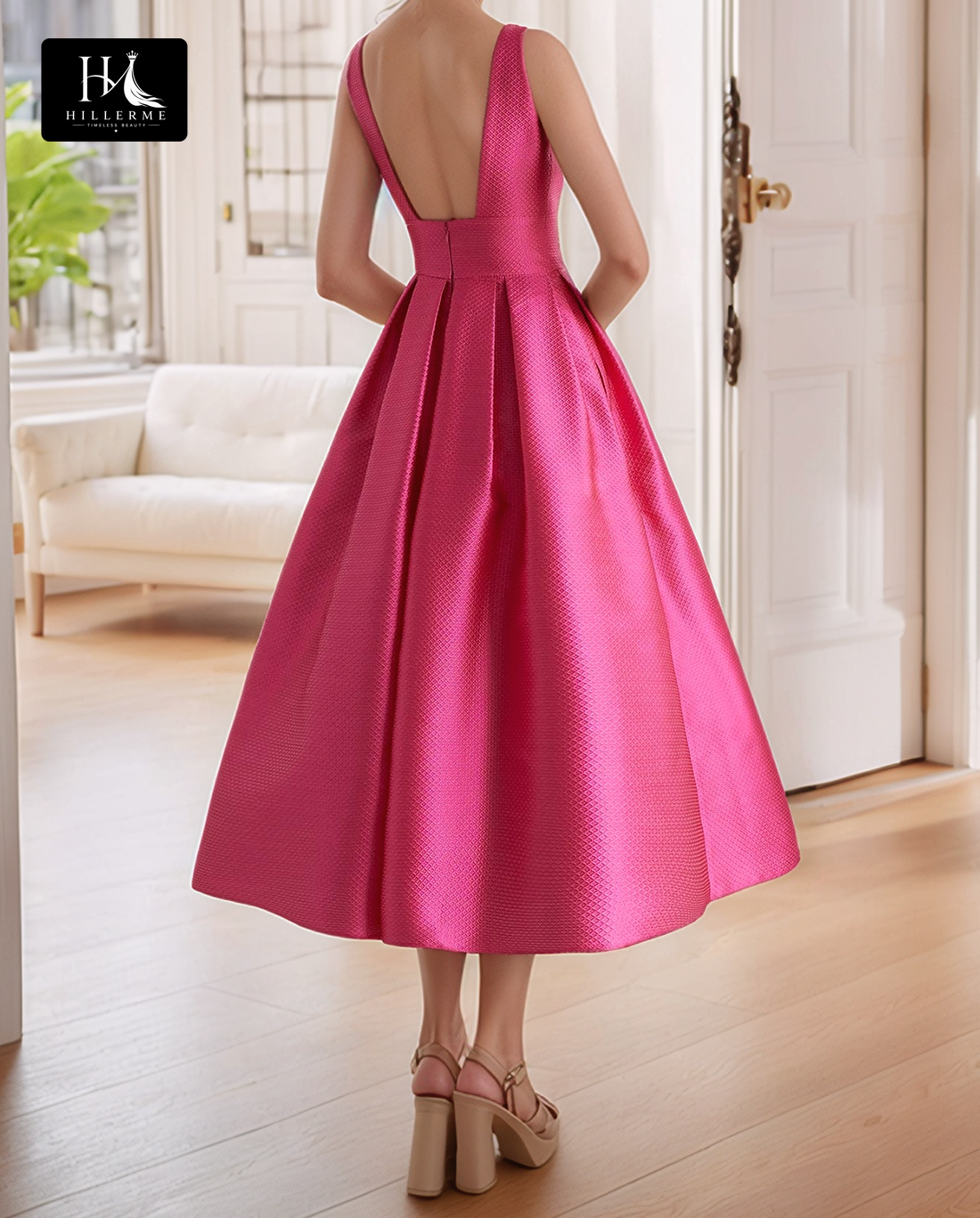 Square-Neck Off-Shoulder Midi A-Line Cocktail Gown with Pleats for Mother of the Bride