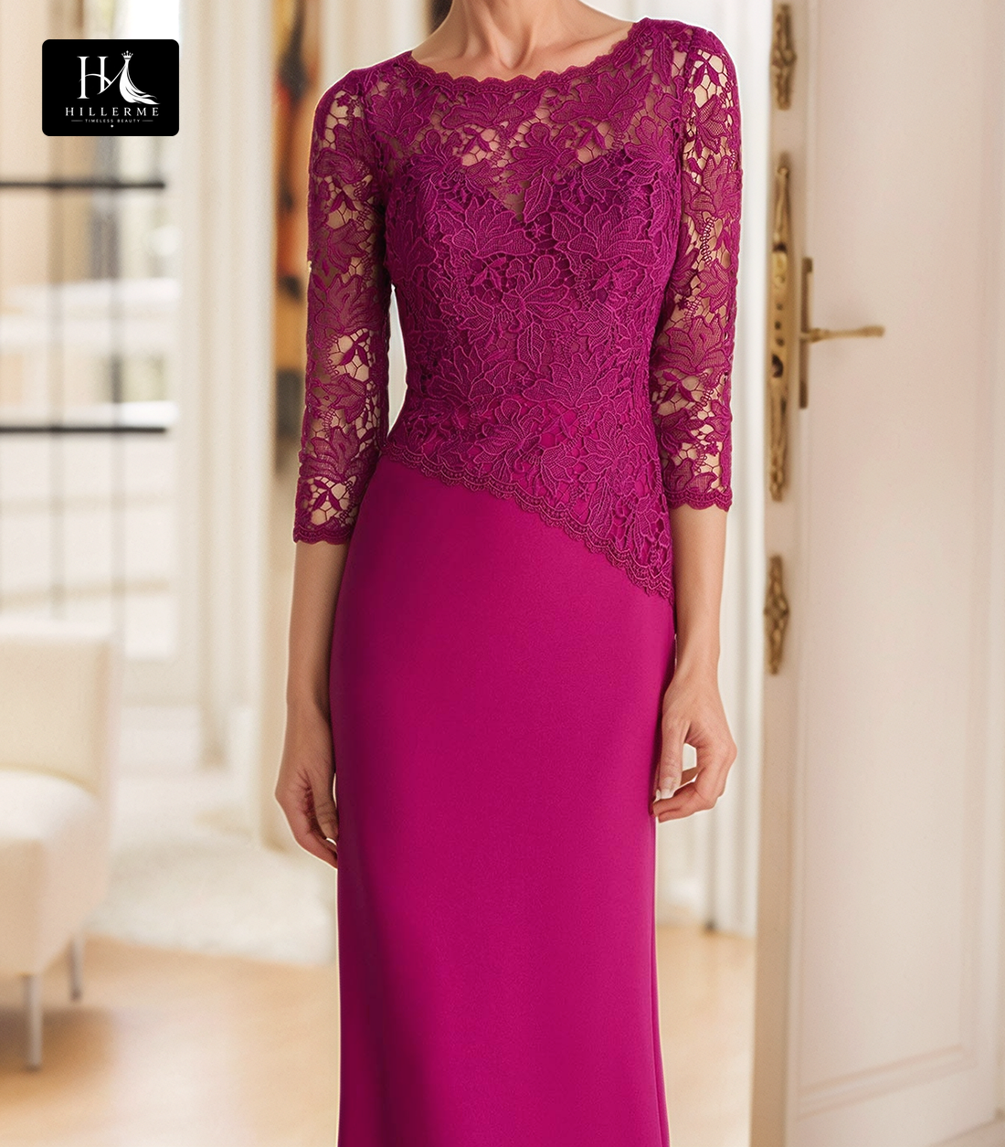 3/4-Sleeve Lace Appliqué Mermaid Cocktail Gown with Scoop Neck and Floor-Length Train for Mother of the Bride
