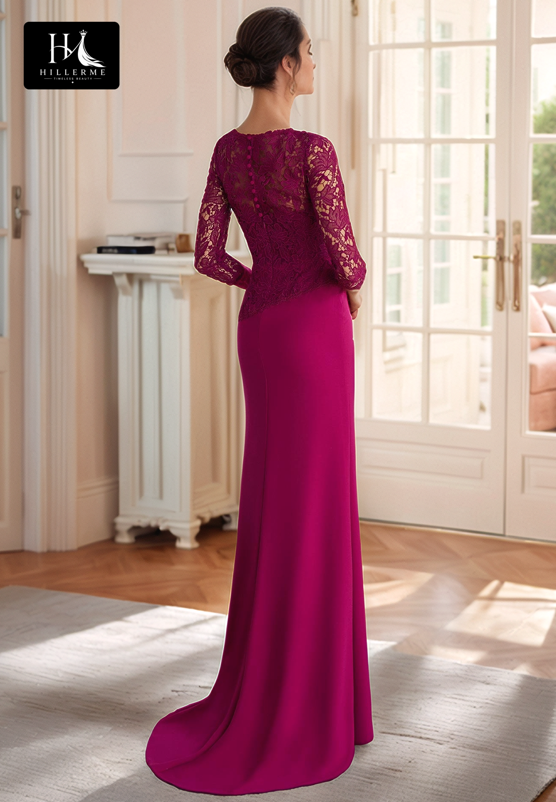 3/4-Sleeve Lace Appliqué Mermaid Cocktail Gown with Scoop Neck and Floor-Length Train for Mother of the Bride